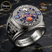 New York Knicks 2026 NBA championship ring with silver metal, blue and orange accents, set with clear cubic zirconia stones.!