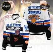New York Knicks 2026 NBA Finals Champions varsity jacket with blue, orange, and white panels and a city skyline graphic.!