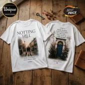 White cotton t-shirt featuring Notting Hill London graphics, city street art, and romantic quotes on wood background.!