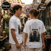 White t-shirt showing a blue door graphic with text about London on the back, worn by two people in a narrow street.!