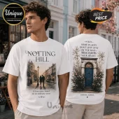 White crewneck t-shirt featuring Notting Hill graphics on front and back with London street scenes and poetic text.!