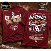 Maroon Oklahoma Sooners baseball shirt with white and gold National Champions 2026 graphics on a dirt field background.!