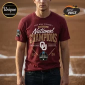 Maroon crewneck t-shirt featuring 2026 Oklahoma Sooners NCAA National Champions graphics and baseball field background.!