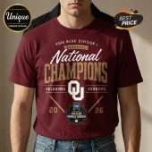 Maroon crewneck t-shirt featuring 2026 NCAA Division I Oklahoma Sooners National Champions baseball graphic print.!