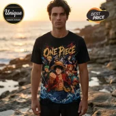 Black cotton crewneck t-shirt featuring One Piece anime characters Monkey D. Luffy, Zoro, Sanji, and Nami on the front.!