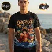 Black cotton t-shirt featuring One Piece anime characters including Luffy, Zoro, and Nami with bold graphic print art.!