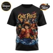 Black cotton t-shirt featuring One Piece anime characters including Luffy, Zoro, and Nami with bold splash-art graphics.!