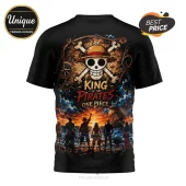 Black t-shirt featuring One Piece King of the Pirates logo, Luffy, Straw Hat crew silhouettes, and nautical map background.!