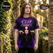 Ozzy Osbourne graphic t-shirt with purple tie-dye pattern and portrait print of the musician on a man standing outdoors.!