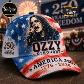 Ozzy Osbourne baseball cap with red, white, and blue American flag pattern, 250 years of freedom text, and 1776-2026 dates.!