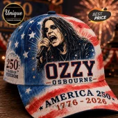 Ozzy Osbourne baseball cap with patriotic red, white, and blue American flag print and America 250 text on the bill.!