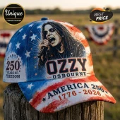Ozzy Osbourne baseball cap with red, white, and blue patriotic design, star patterns, and text reading America 250.!