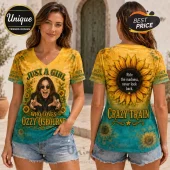 Woman wearing a sunflower print t-shirt featuring Ozzy Osbourne and text saying Just A Girl Who Loves Ozzy Osbourne.!