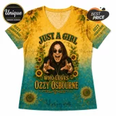 V-neck t-shirt featuring Ozzy Osbourne, sunflower print, and yellow to teal gradient background with text design.!
