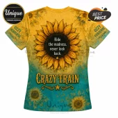 Ozzy Osbourne Crazy Train t-shirt with sunflower graphic, yellow and teal gradient background, and stylized text print.!