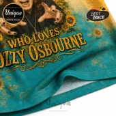 Ozzy Osbourne graphic t-shirt featuring sunflower patterns and text Who Loves Ozzy Osbourne on a teal fabric background.!