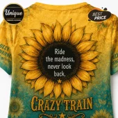 Yellow sunflower graphic T-shirt with the text Ride the madness, never look back and Crazy Train, featuring Ozzy Osbourne.!