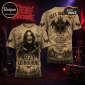 Ozzy Osbourne graphic t-shirt featuring front portrait and back tracklist print in sepia tones with bats and concert imagery.!