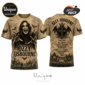 Ozzy Osbourne graphic t-shirt in beige with all-over print, portrait on front, and song list with gothic cross on back.!