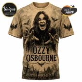 Ozzy Osbourne graphic t-shirt featuring vintage tan sepia background with bats, gothic cross, and concert crowd imagery.!