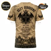 Ozzy Osbourne t-shirt with beige gothic print, bat wing crest, cross logo, and song titles on a dark concert crowd scene.!
