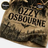 Ozzy Osbourne graphic t-shirt in beige with black gothic text, bat emblem, graveyard scene, and cross necklace print.!