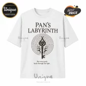 White crewneck t-shirt featuring a Pan's Labyrinth graphic with a central maze key and the quote Not every path leads.!