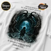 White t-shirt featuring a dark fantasy print of a child facing a goat-headed stone archway and labyrinthine path.!