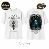 White t-shirt featuring Pan's Labyrinth graphics, key logo, and text quotes on front and back.!