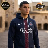 Man wearing a navy blue Paris Saint-Germain hoodie with a red vertical pattern, Nike swoosh, and Qatar Airways logo.!