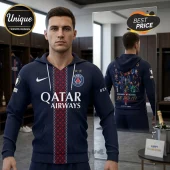 Man wearing a navy Paris Saint-Germain hoodie with Qatar Airways branding and a Champions League team collage on the back.!