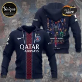 Navy blue Paris Saint-Germain hoodie featuring a front Qatar Airways logo and back graphic of the 2025 Champions League team.!