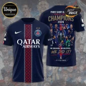 Paris Saint-Germain 2026 Champions soccer jersey with navy fabric, Qatar Airways logo, and team trophy graphic on back.!