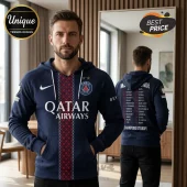 Man wearing a navy Paris Saint-Germain hoodie with red central vertical pattern, team logo, and Qatar Airways branding.!