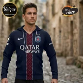 Man wearing a navy Paris Saint-Germain hooded sweatshirt with Qatar Airways logo and red center stripe detail.!