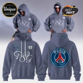Grey PSG hoodie featuring distressed white text on front, club logo on chest, and large Paris Saint-Germain crest on back.!
