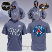 Grey Paris Saint-Germain hoodie and t-shirt set with distressed PSG branding, team crest, and paint splatter accents.!