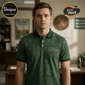 Man wearing a forest green polo shirt with a Pawnee Parks Dept. logo and a subtle repeating tree pattern.!