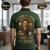 Green polo shirt featuring Ron Swanson from Parks and Recreation, waffles, coffee, and text Welcome to Pawnee.!