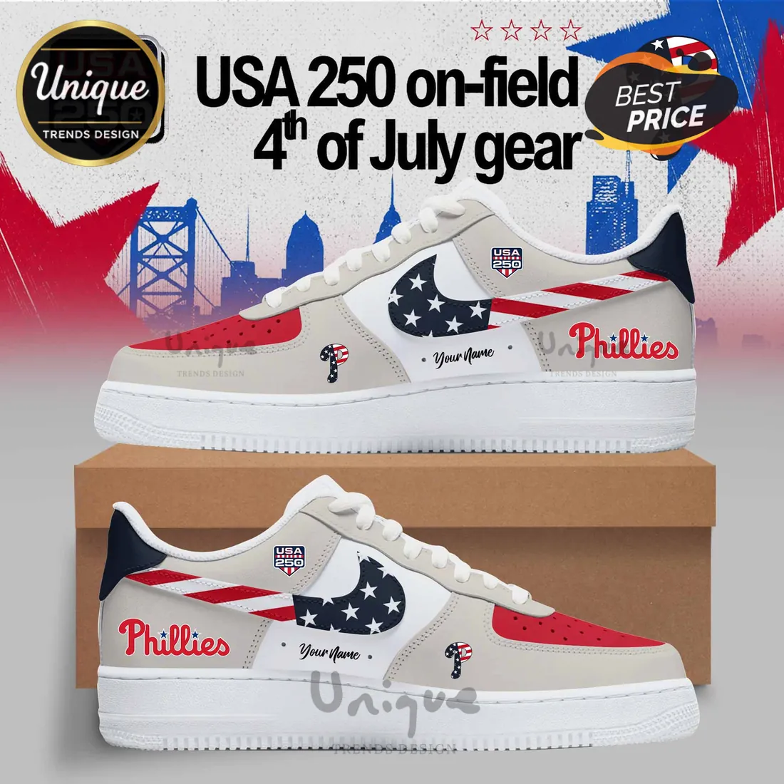 Philadelphia Phillies x USA 250 Commemorative 4th of July Air Force 1 Sneakers Philadelphia Phillies x USA 250 Commemorative 4th of July Air Force 1 Sneakers