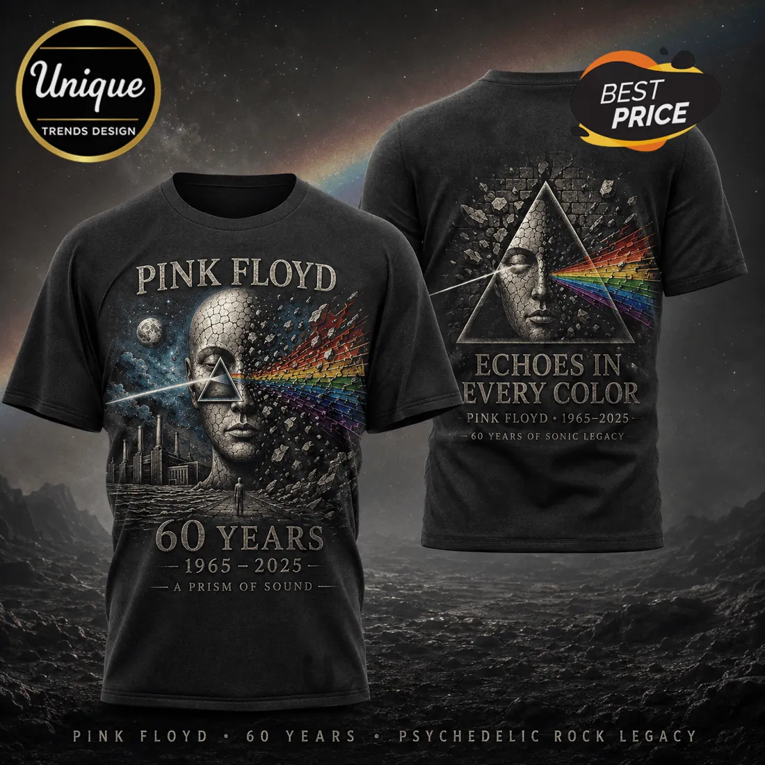 Pink Floyd 60 Years 1965-2025 Sonic Legacy Collectible Graphic T-Shirt Pink Floyd 60 Years 1965-2025 Sonic Legacy Collectible Graphic T-Shirt