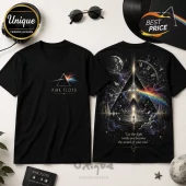 Black cotton t-shirt featuring Pink Floyd Dark Side of the Moon prism graphic on front and detailed cosmic art on back.!