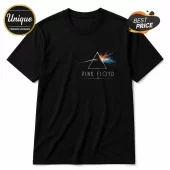 Black cotton t-shirt featuring the Dark Side of the Moon prism graphic and Pink Floyd text on the upper left chest.!