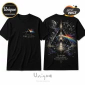 Black cotton t-shirt featuring front Pink Floyd prism logo and back surreal cosmic clock and light refraction graphic.!