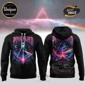 Black hoodie featuring Pink Floyd Dark Side of the Moon prism artwork, celestial clouds, and 1973-1975 tour tracklist text.!