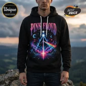 Black cotton hoodie featuring a Pink Floyd prism graphic with space nebula, glowing stars, and retro grid landscape art.!