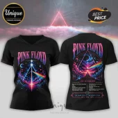 Pink Floyd V-neck and crew neck black t-shirts featuring The Dark Side of the Moon prism artwork in neon cosmic colors.!