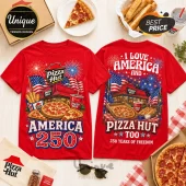 Red cotton t-shirts with front and back Pizza Hut graphics featuring fireworks, American flags, pizza, and breadsticks.!