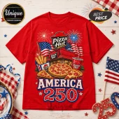 Red Pizza Hut t-shirt featuring American flags, fireworks, pizza, breadsticks, and text reading AMERICA 250.!