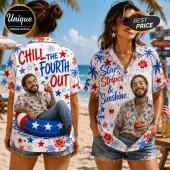 Post Malone graphic print button-down beach shirt with red, white, and blue patriotic floral patterns and star motifs.!